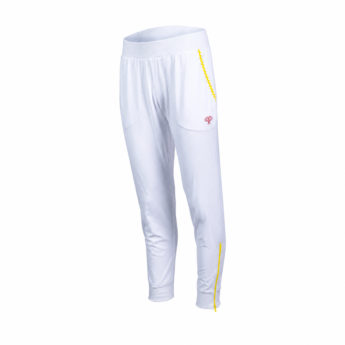White athletic jogger pants with yellow zigzag stripe accents down the sides and a small pink logo on the upper left thigh, shown against a plain white background.