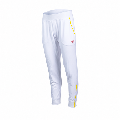 White athletic jogger pants with yellow zigzag stripe accents down the sides and a small pink logo on the upper left thigh, shown against a plain white background.