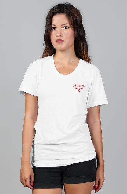 White t-shirt with a crossed heart tennis racket design on a gray background