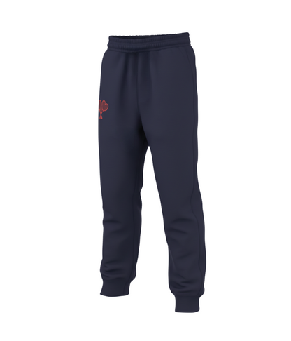 Navy blue sweatpants with a red logo on a white background