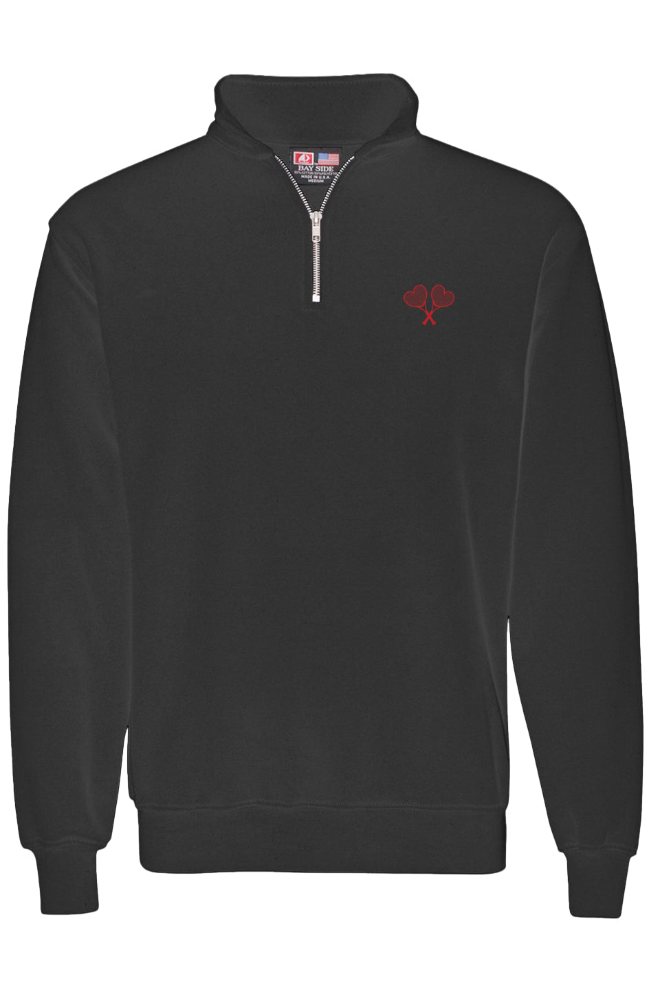 Black quarter zip pullover with a small red logo on the chest and a cadet collar.