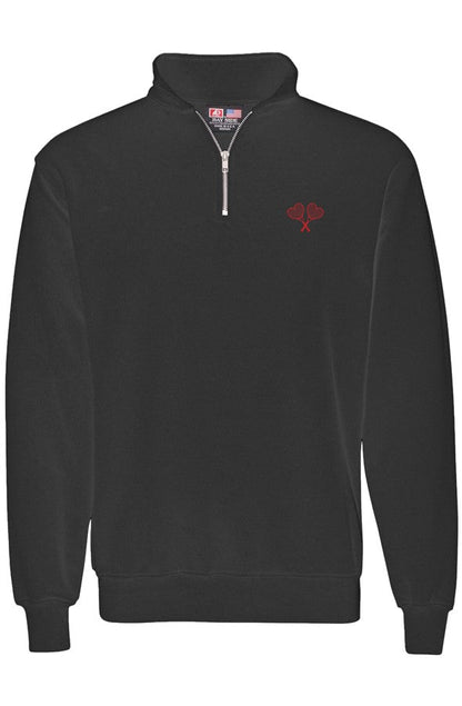 A black long-sleeve quarter-zip sweatshirt with a small red embroidered logo on the left chest, displayed on a clean white background.