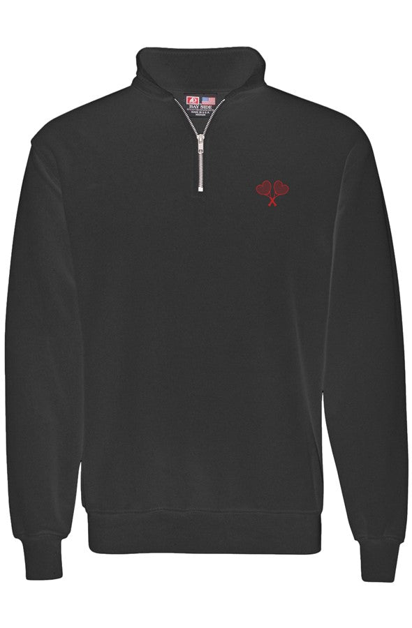 A black long-sleeve quarter-zip sweatshirt with a small red embroidered logo on the left chest, displayed on a clean white background.