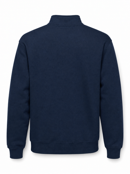 A navy blue long-sleeve sweatshirt shown from the back, featuring a mock neck collar and ribbed cuffs and hem, on a plain white background.