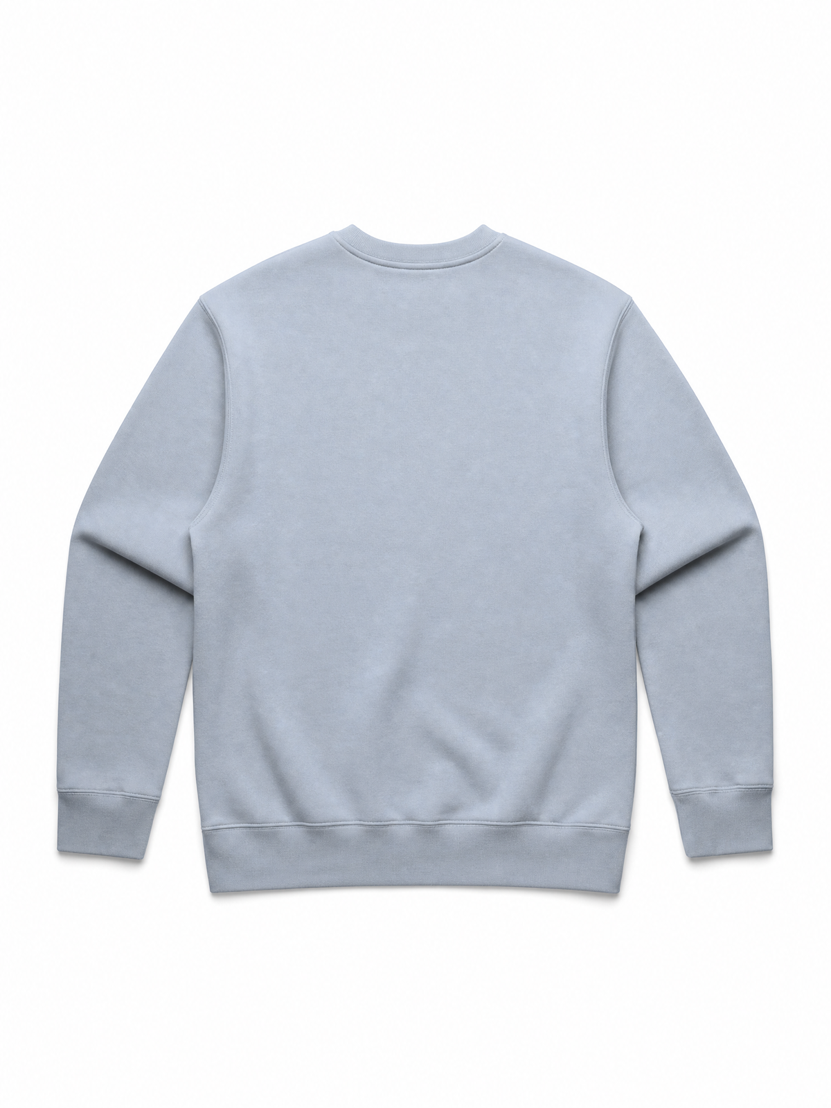A light blue crewneck sweatshirt shown from the back, laid flat against a solid white background.