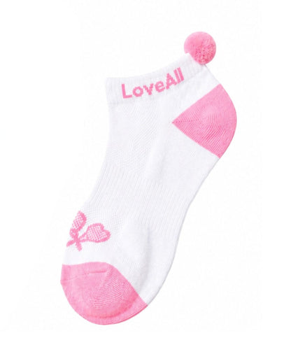 White sock with pink accents and 'LoveAll' branding on a white background