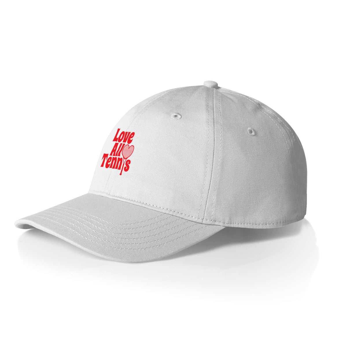 White cap with a red logo on a white background