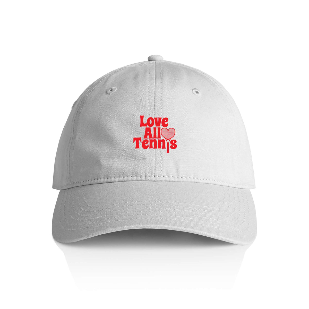 white cap with 'Love All Tennis' text and heart symbol on a white background