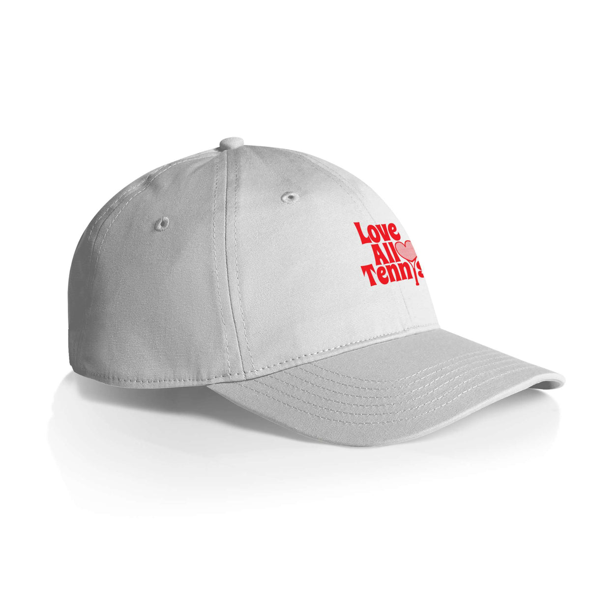White cap with red text on a white background