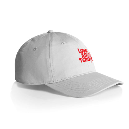 White cap with red text on a white background