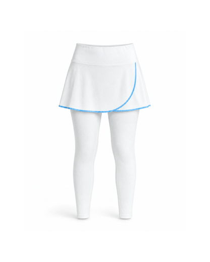 White athletic skirt and matching leggings set with light blue curved trim details, shown on a white background.