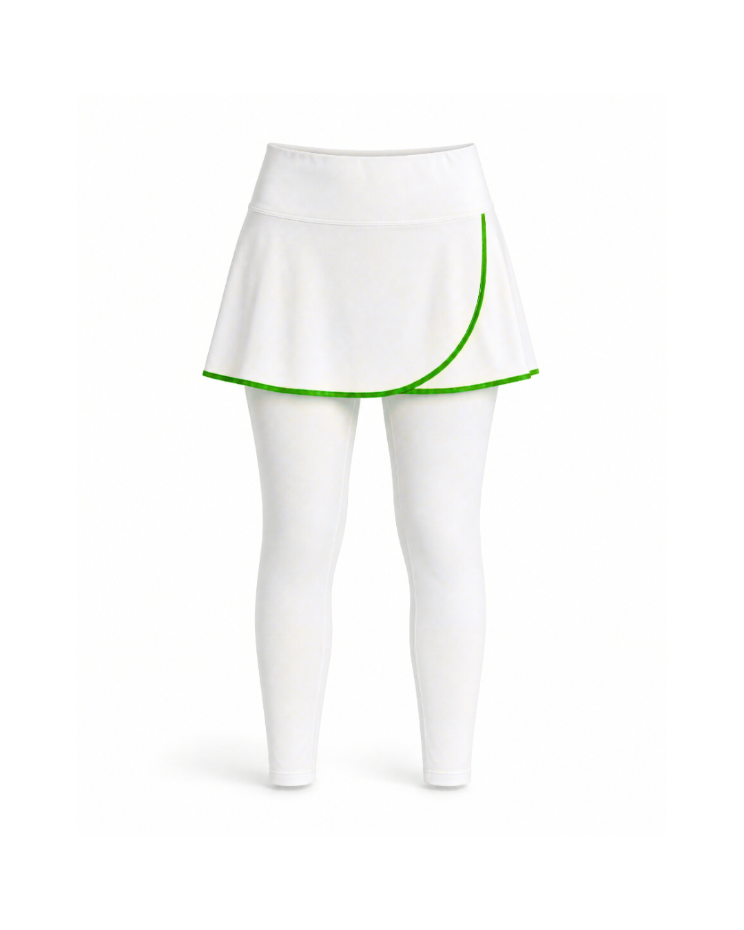 White athletic mini skirt with a flared hem and bright green curved piping trim, shown on a white mannequin against a white background.