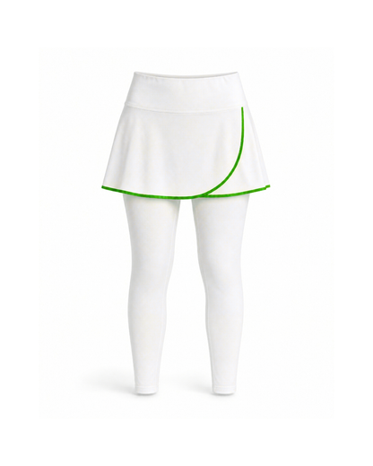 White athletic mini skirt with a flared hem and bright green curved piping trim, shown on a white mannequin against a white background.