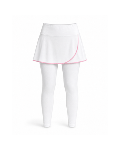 White athletic mini skirt with a flared hem and a curved pink piping accent, shown on a white mannequin against a white background.