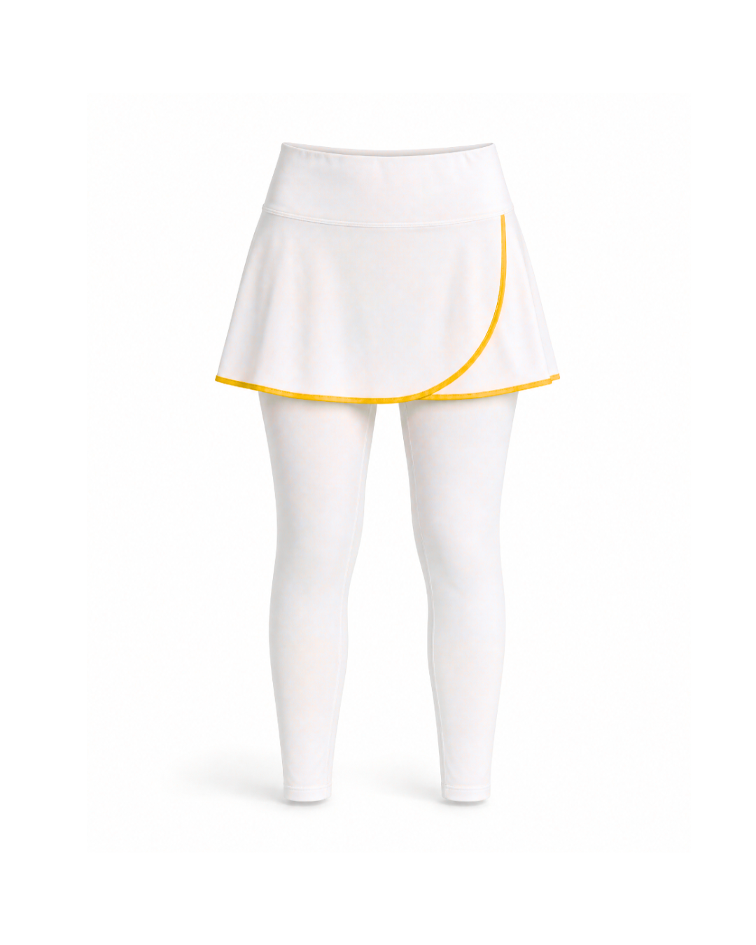White athletic skirt and matching white leggings set with a thin yellow curved trim accent on the hem, shown on a white background.