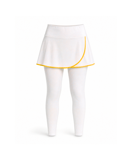 White athletic skirt and matching white leggings set with a thin yellow curved trim accent on the hem, shown on a white background.