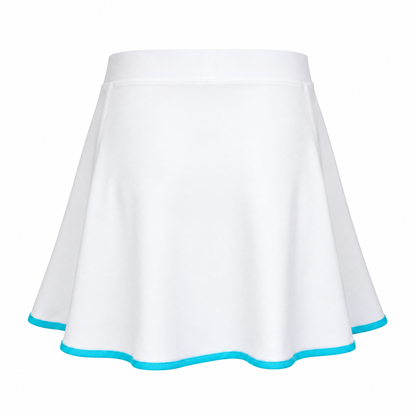 A white flared athletic skirt with a bright turquoise blue trim along the hem, shown against a plain white background.