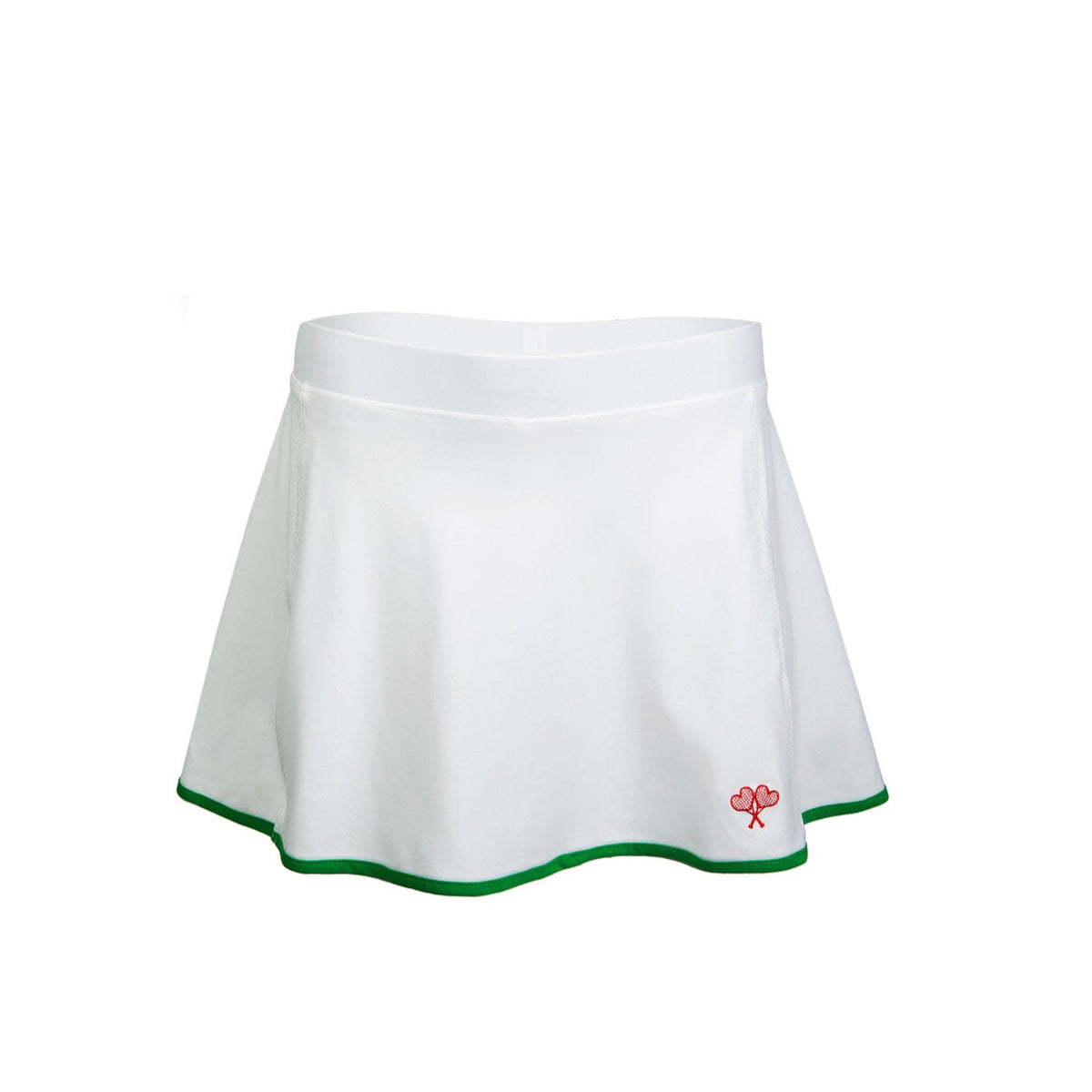 White tennis skirt with green trim on a white background