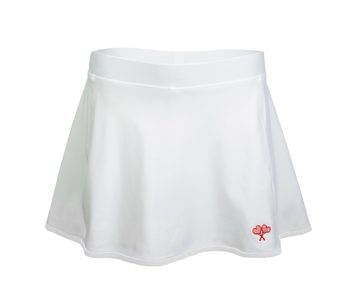 White skirt with a red logo design on a white background
