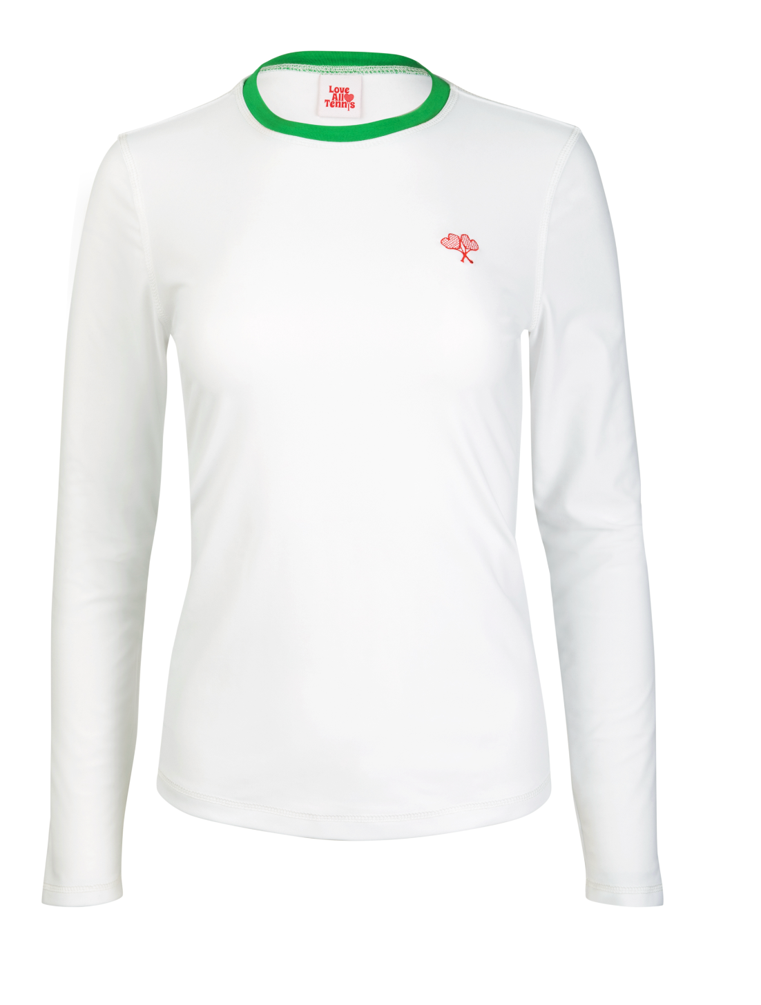 White long-sleeve shirt with green collar and red logo on a white background