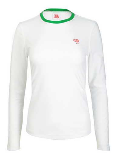 White long-sleeve shirt with green collar and red logo on a white background