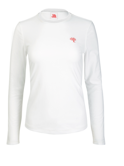 White long-sleeve shirt with a red logo on a white background