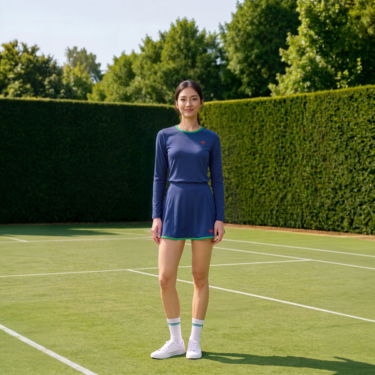 A woman stands on a green tennis court wearing a navy blue long-sleeve athletic top and matching skirt with thin green trim, paired with white socks and white sneakers. Trees and a tall hedge are visible in the background.
