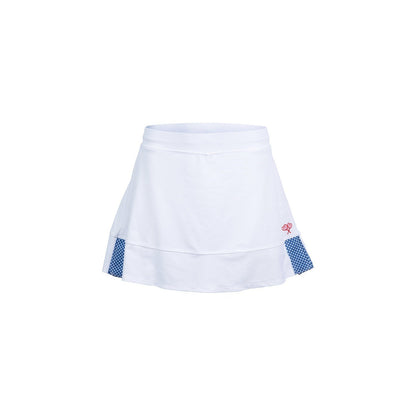White tennis skirt with blue accents on a white background