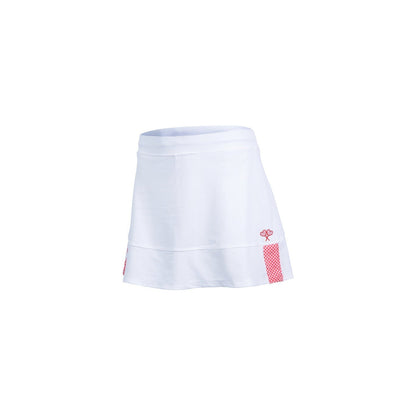 White athletic tennis skirt with pink gingham detailing on flat white background