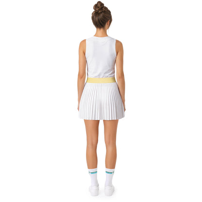 A woman shown from the back wearing a sleeveless white athletic top and a pleated white tennis skirt with a yellow waistband, standing against a plain white background.