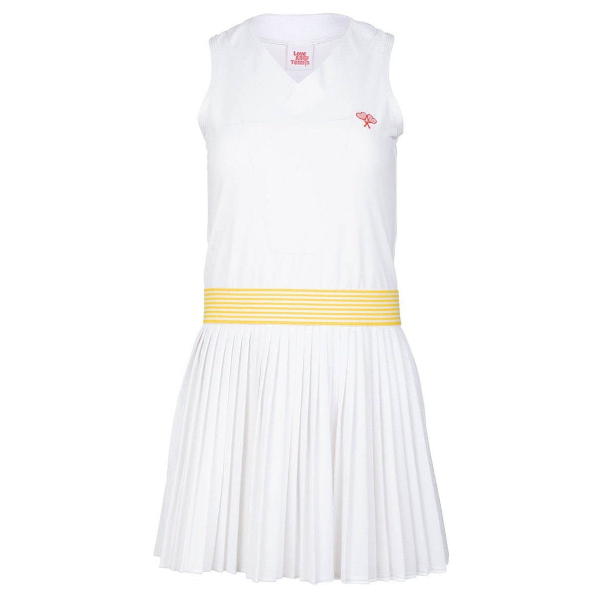White dress with a yellow belt on a white background