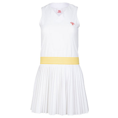White dress with a yellow belt on a white background