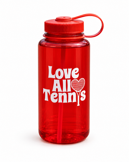 A translucent red plastic water bottle with a matching red screw cap and carrying loop, featuring the white text 'Love All Tennis' and a heart graphic on the front, set against a plain white background.