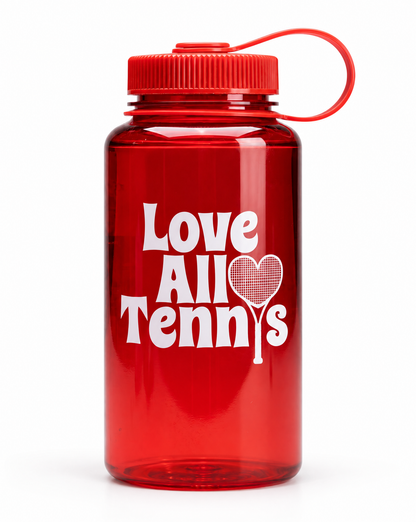 A translucent red plastic water bottle with a matching red screw-top lid and carrying loop, featuring the white printed text 'Love All Tennis' with a tennis racket-shaped heart on the front, set against a plain white background.