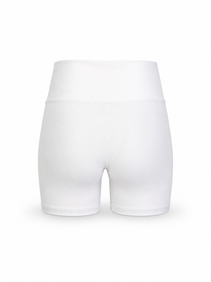 White high-waisted athletic shorts shown from the back on a clean white background.