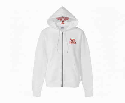 White hoodie with text and design on a white background