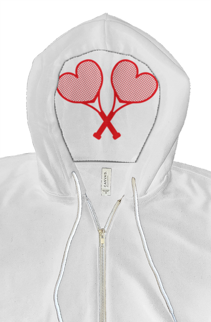 White hoodie with red heart-shaped tennis rackets on the hood against a white background