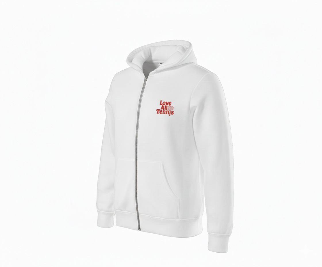 White hoodie with red logo on white background