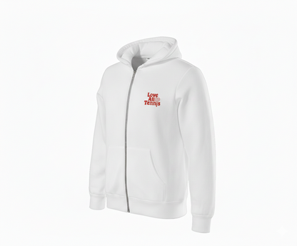 White hoodie with red logo on white background