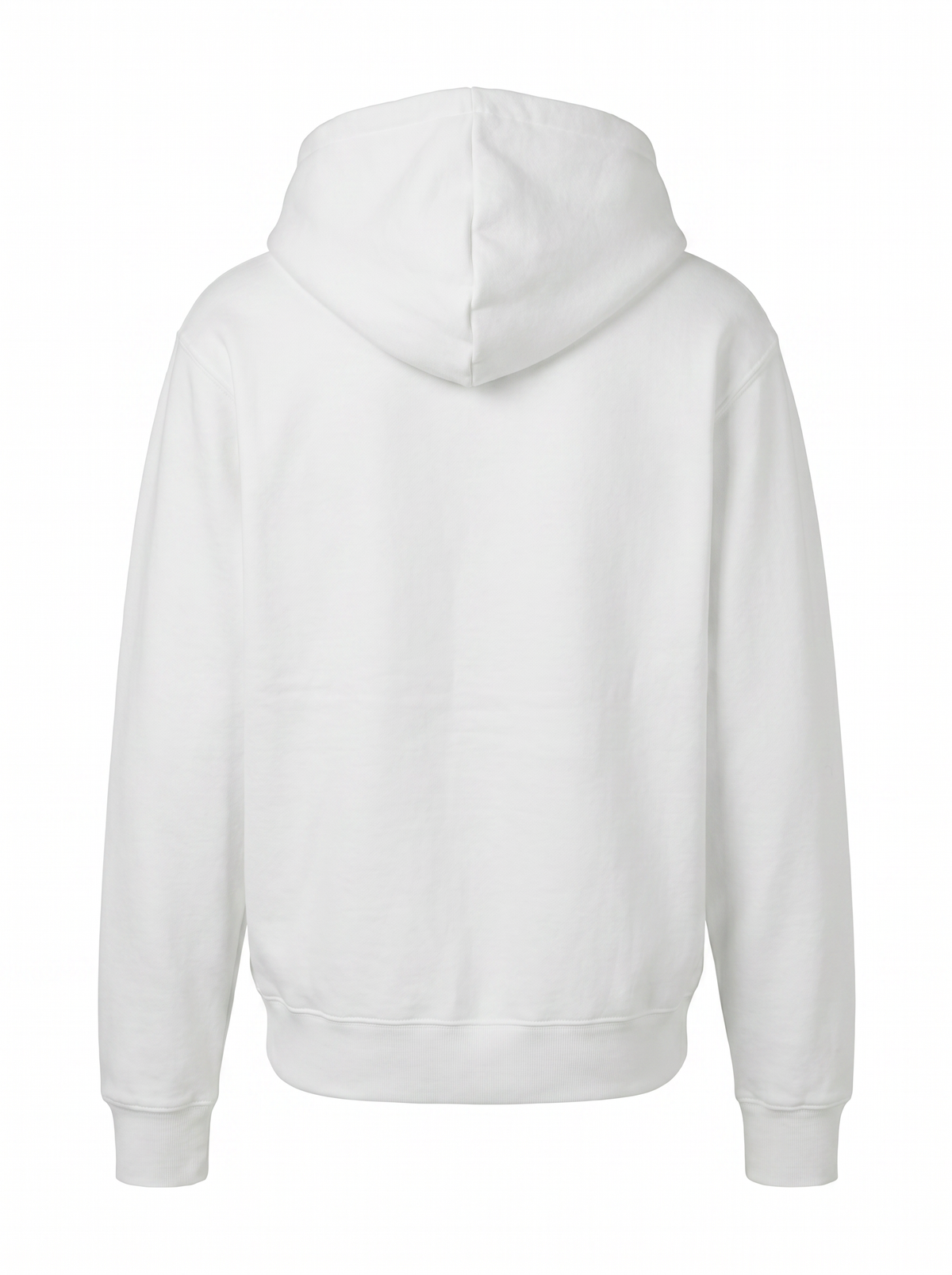 A plain white pullover hoodie shown from the back, photographed on a clean white background.