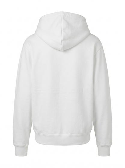 A plain white pullover hoodie shown from the back, photographed on a clean white background.