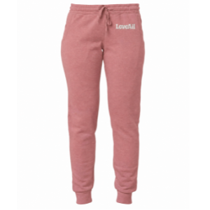 A pair of dusty rose pink sweatpants with a drawstring waist and a small white 'LoveAll' logo on the left hip, shown against a plain white background.