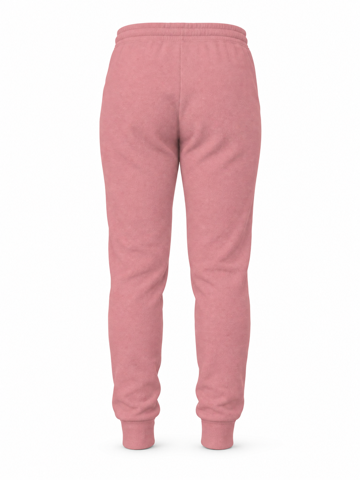 A pair of heathered dusty pink sweatpants shown from the back, featuring an elastic waistband and ribbed ankle cuffs, displayed on a clean white background.