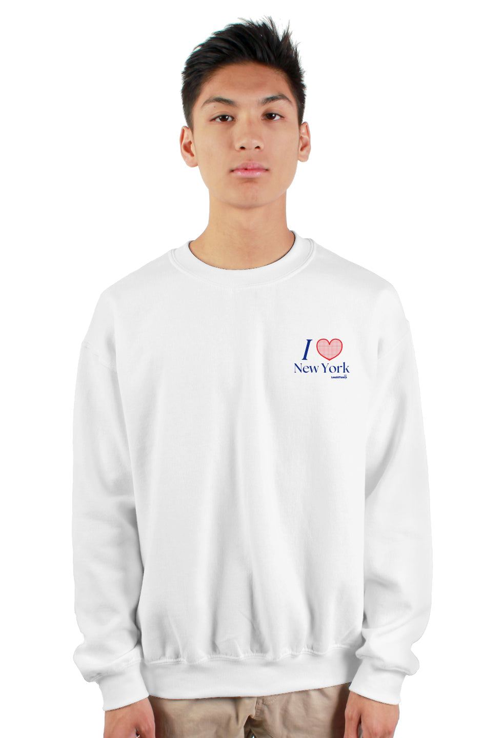 A male model wearing a white crewneck sweatshirt with a 'I Heart New York' graphic on the left chest area.