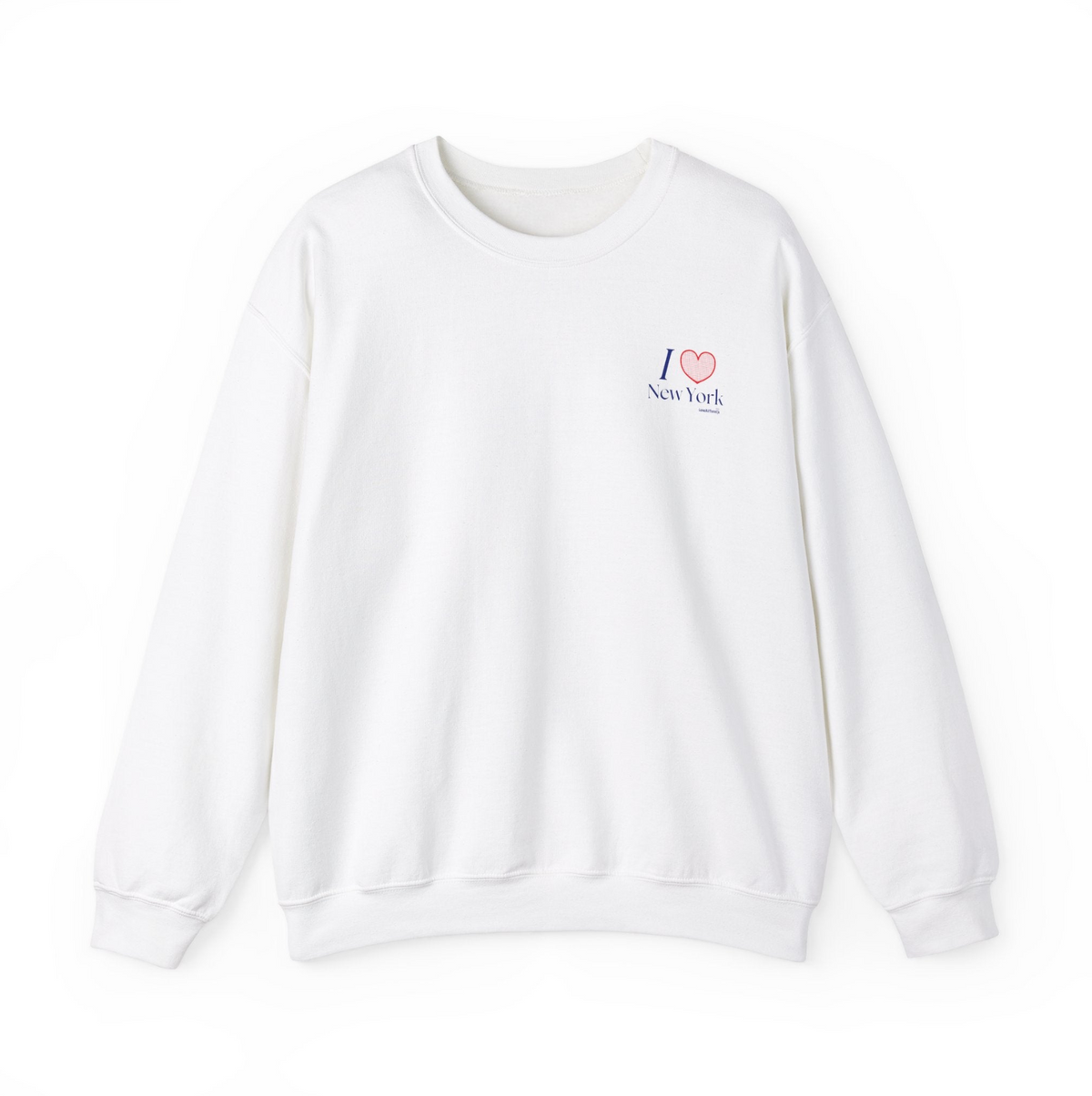 White sweatshirt with "I heart New York" graphic on left hand side of the chest on white background