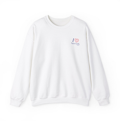 White sweatshirt with "I heart New York" graphic on left hand side of the chest on white background