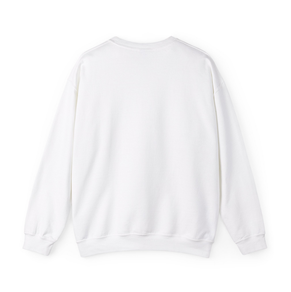 Back view of a white sweatshirt on a flat white background