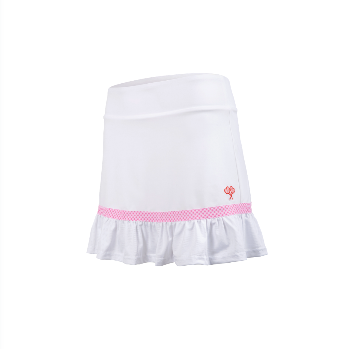 White skirt with pink waistband and hem on a white background