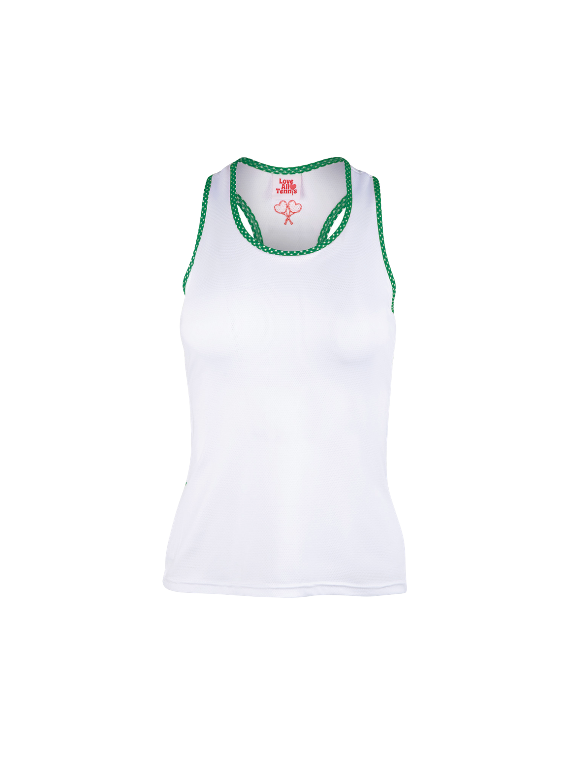 White tank top with green trim on a white background