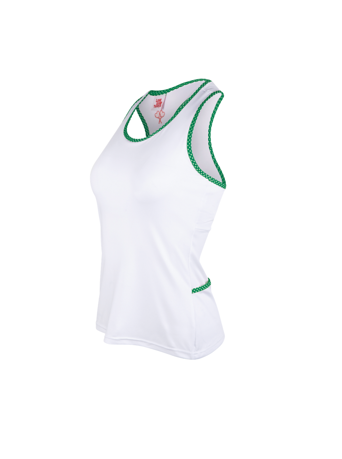 White tank top with green trim on a white background